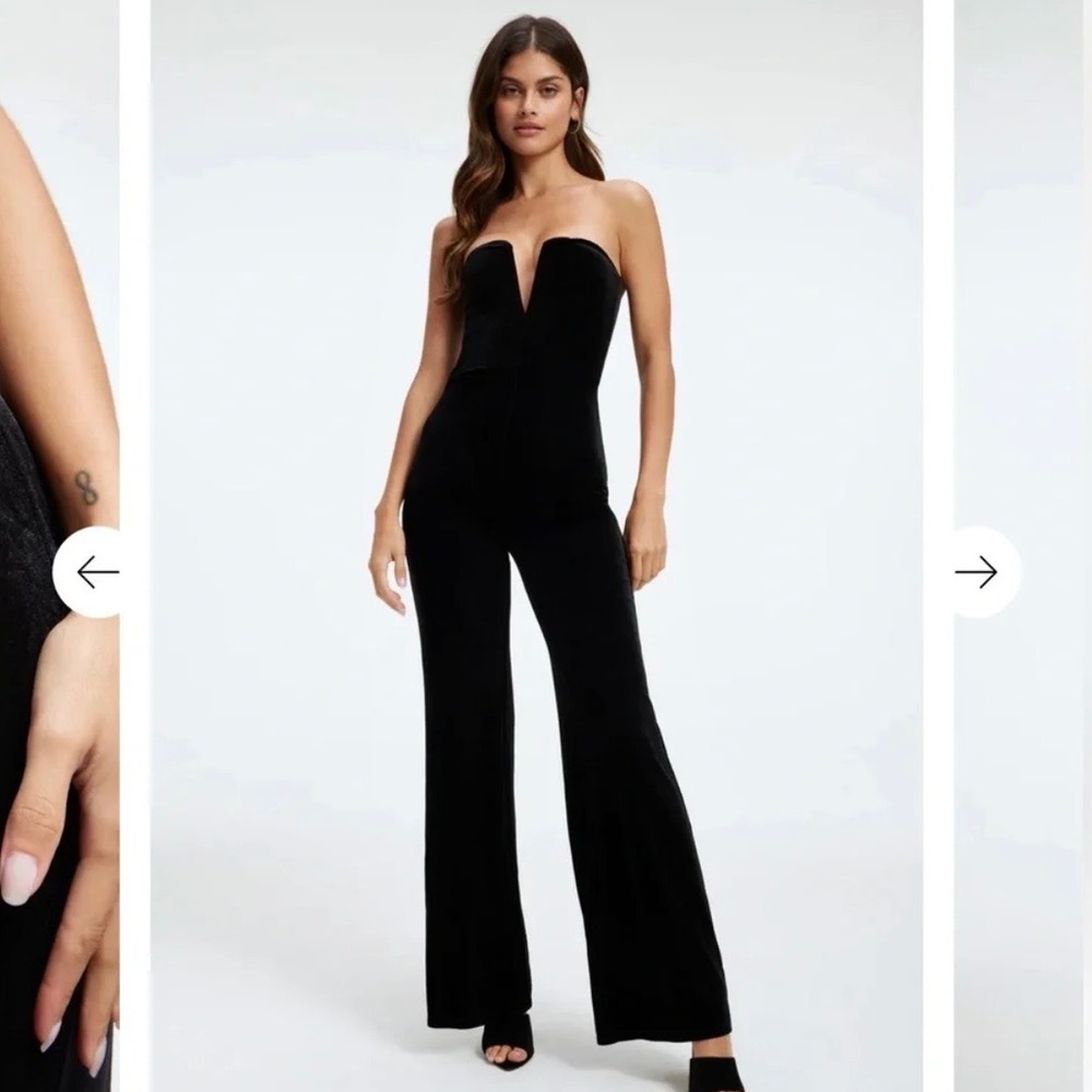 Good American 5 Black V Velvet Strapless Wide Leg Jumpsuit Cocktails Elegant 2X